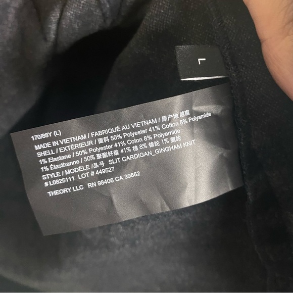 Theory Slit‎ Cardigan Gingham Navy Gray Sweater Sz L - Picture 5 of 7